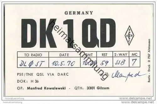 QSL - Funkkarte - DK1QD - Evessen-Gilzum - 1970