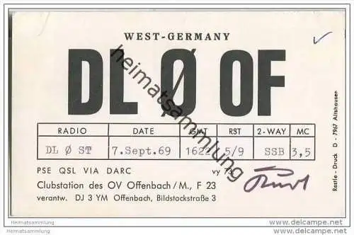 QSL - Funkkarte - DL0OF - Offenbach - 1969