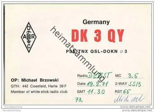 QSL - Funkkarte - DK3QY - Coesfeld - 1971