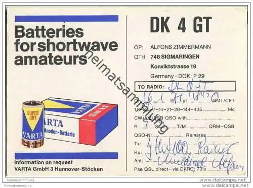 QSL - Funkkarte - DK4GT - Sigmaringen - 1971