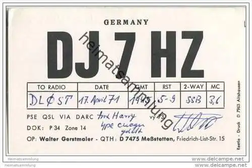 QSL - Funkkarte - DJ7HZ - Messstetten - 1971