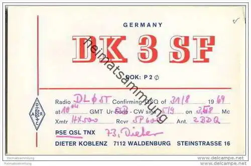 QSL - Funkkarte - DK3SF - Waldenburg - 1969