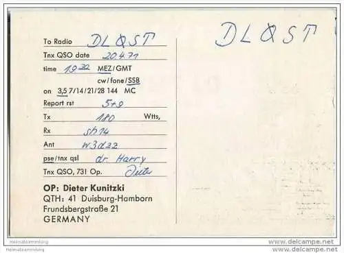 QSL - Funkkarte - DJ7NW - Duisburg - 1971