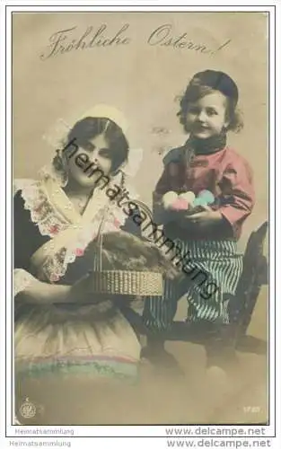 Fröhliche Ostern - Eier - Kaninchen - Foto-AK - coloriert