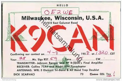 QSL - QTH - Funkkarte - K9CAN - USA - Wisconsin - Milwaukee - 1958