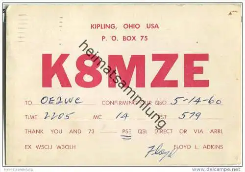 QSL - QTH - Funkkarte - K8MZE - USA - Ohio - Kipling - 1960