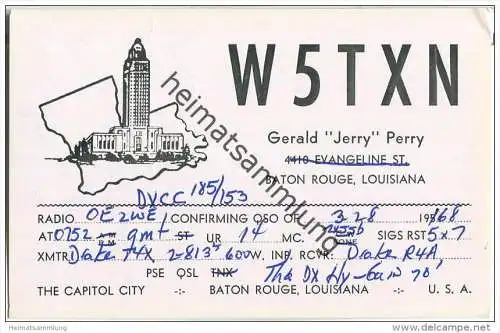 QSL - QTH - Funkkarte - W5TXN - USA - Louisiana - Baton Rouge - 1968