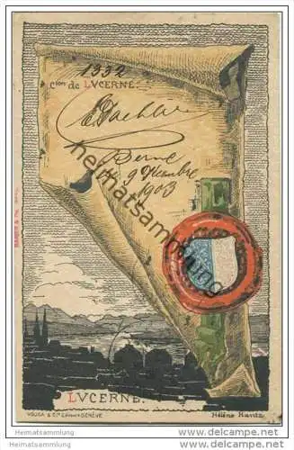 Luzern - Künstlerkarte von Helène Hantz - Canton de Lucerne - mit der Silouette von Lucerne