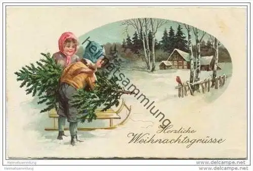 Weihnachten - Kinder - Weihnachtsbaum - Schlitten 20er Jahre