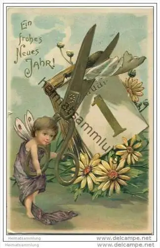 Neujahr - Elfe - Schere - Kalender - Prägedruck