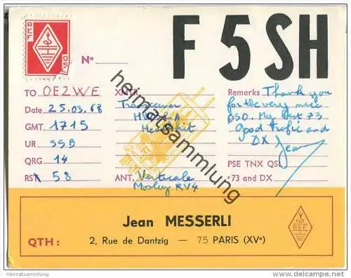 QSL - QTH - Funkkarte - F5SH - France - Paris - 1968