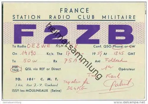 QSL - QTH - Funkkarte - F2ZB - France - Issy-les-Moulineaux (Seine) - 1959