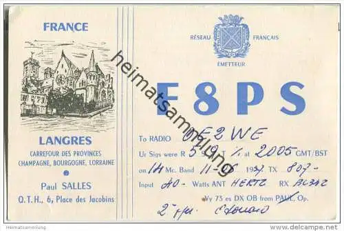 QSL - QTH - Funkkarte - F8PS - France - Langres - 1957