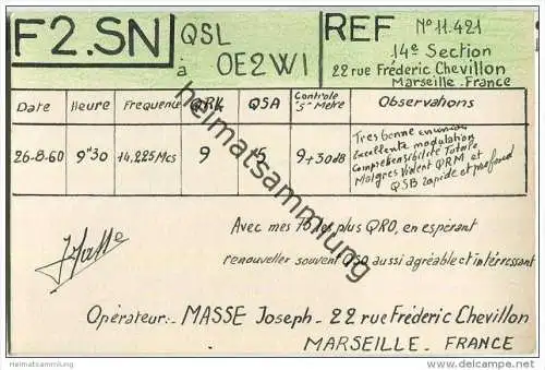 QSL - QTH - Funkkarte - F2.SN - France - Marseille - 1960