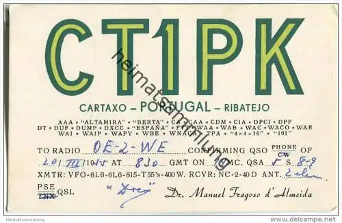 QSL - QTH - Funkkarte - CT1PK - Portugal - Cartaxo - 1955