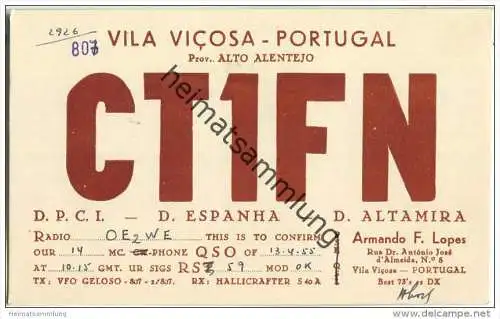 QSL - QTH - Funkkarte - CT1FN - Portugal - Vila Vicosa - 1955