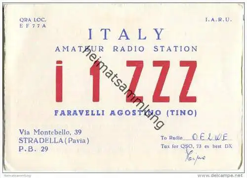 QSL - QTH - Funkkarte - I1ZZZ - Italy - Stradella (Pavia) - 1964