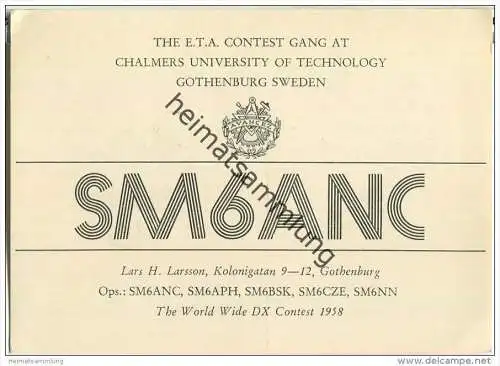 QSL - QTH - Funkkarte - SM6ANC - Sweden - Gothenburg - Chalmers University of Technology - 1958