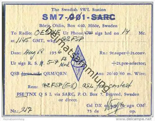QSL - QTH - Funkkarte - SM7-001-SARC - Sweden - Höör - 1956