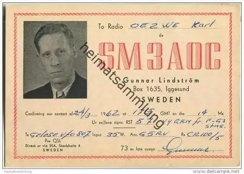 QSL - QTH - Funkkarte - SM3AOC - Sweden - Iggesund - 1962