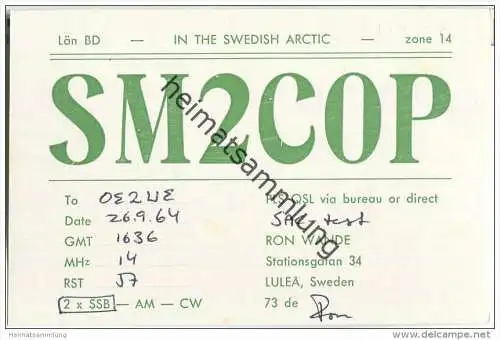 QSL - QTH - Funkkarte - SM2COP - Sweden - Lulea - 1964