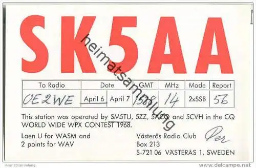 QSL - QTH - Funkkarte - SK5AA - Sweden - Västeras - 1968
