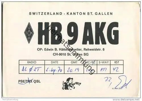 QSL - QTH - Funkkarte - HB9AKG - Schweiz - St. Gallen SG - 1970