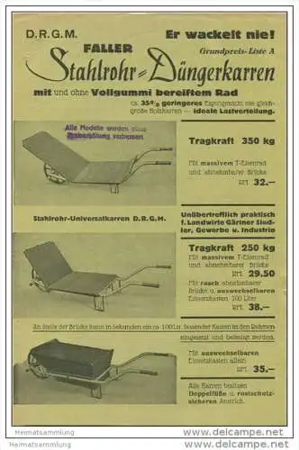 Fa. Faller Maschinenbau Deisenhofen Josef-Weigl-Str. 85 - Stahlrohr-Düngerkarren - Faltblatt mit 3 Abbildungen - Preise