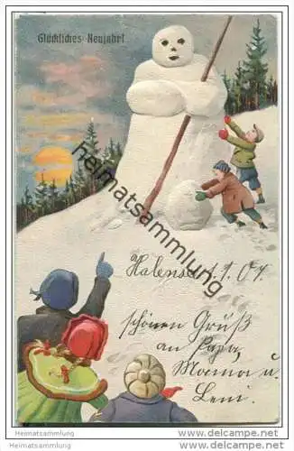 Neujahr - Kinder - Schneemann - Prägedruck