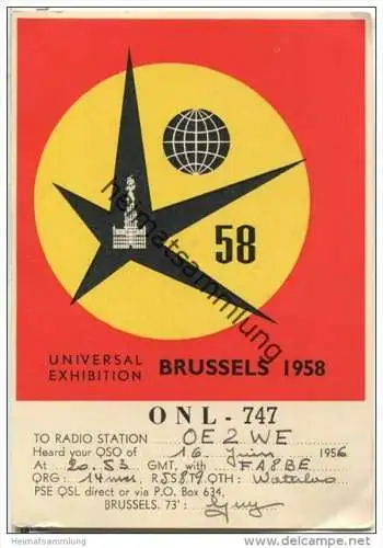QSL - QTH - Funkkarte - ONL-747 - Belgium - Waterloo - Universal Exhibition Brussels 1958 - 1956