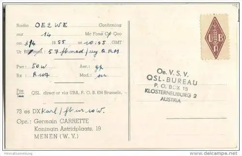 QSL - QTH - Funkkarte - ON4ZC - Belgium - Menen (W. V.) 1955