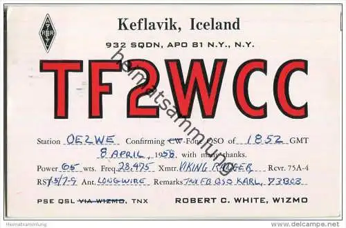 QSL - QTH - Funkkarte - TF2WCC - Iceland - Keflavik - 1958