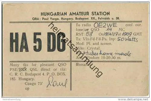 QSL - QTH - Funkkarte - HA5DG - Hungary - Budapest - 1957