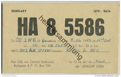 QSL - QTH - Funkkarte - HA85586 - Hungary - Baja - 1959