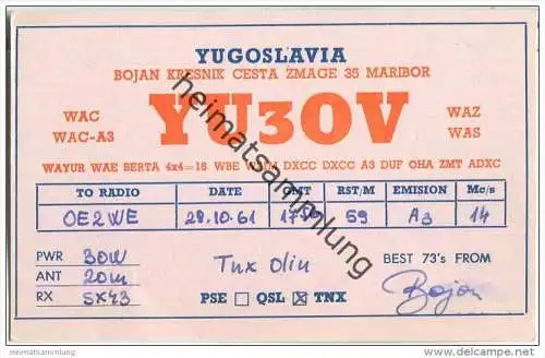 QSL - QTH - Funkkarte - YU3OV - Slowenien - Maribor - 1971