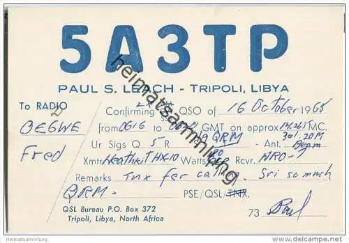 QSL - QTH - Funkkarte - 5A3TP - Libya - Tripoli - 1965