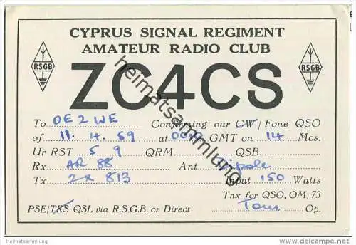 QSL - QTH - Funkkarte - ZC4CS - Cyprus - 1959