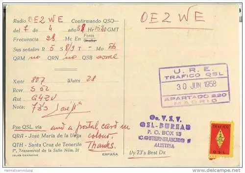QSL - QTH - Funkkarte - EA8CM - Santa Cruz de Tenerife - 1958
