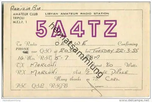 QSL - QTH - Funkkarte - 5A4TZ - Libya - Tripoli - 1955