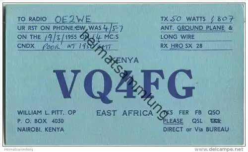 QSL - QTH - Funkkarte - VQ4FG - Kenya - Nairobi - 1955