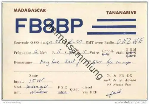 QSL - QTH - Funkkarte - FB8BP - Madagascar - Antananarivo - 1955