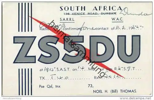QSL - QTH - Funkkarte - ZS5DU - South Africa - Durban - 1955