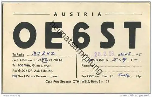 QSL - QTH - Funkkarte - OE6ST - Weiz - 1959 - Vignette SOS Kinderdörfer Österreich