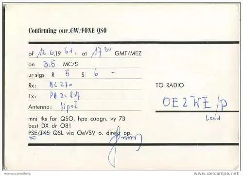 QSL - QTH - Funkkarte - OE2UE - Salzburg - 1961