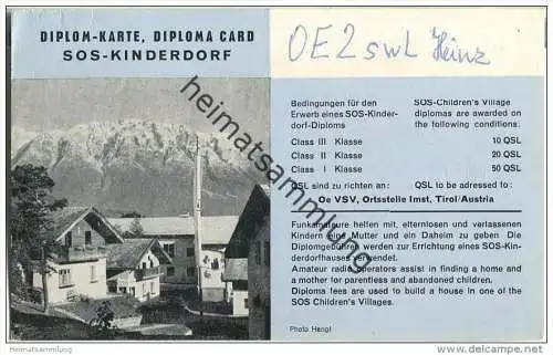 QSL - QTH - Funkkarte - OE2SWL - Diplomkarte SOS-Kinderdorf - 1964