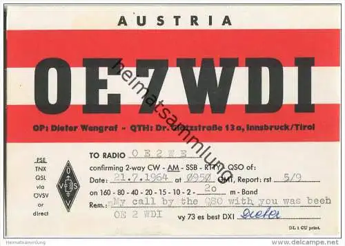 QSL - QTH - Funkkarte - OE7WDI - Innsbruck - 1964