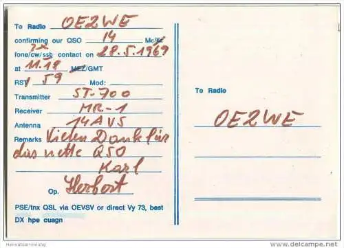 QSL - QTH - Funkkarte - OE1YGW - Wien - 1969