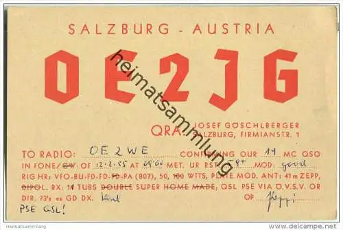 QSL - QTH - Funkkarte - OE2JG - Salzburg - 1955