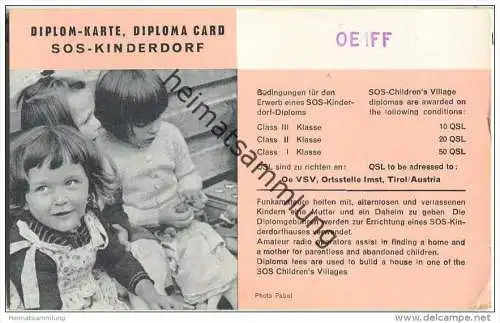 QSL - QTH - Funkkarte - OE1FF - Vienna 13 - Diplomkarte SOS-Kinderdorf - 1959