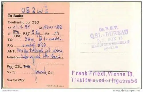 QSL - QTH - Funkkarte - OE1FF - Vienna 13 - Diplomkarte SOS-Kinderdorf - 1959